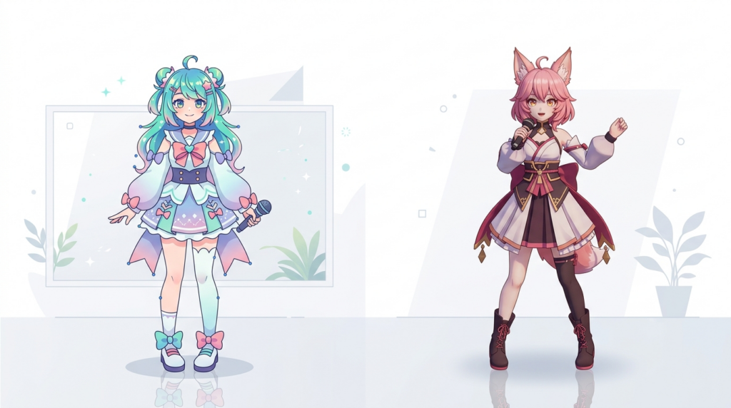 2Dと3DのVTuberモデルの比較イメージ。2Dアニメキャラクターと3Dモデルキャラクターが並んでいる