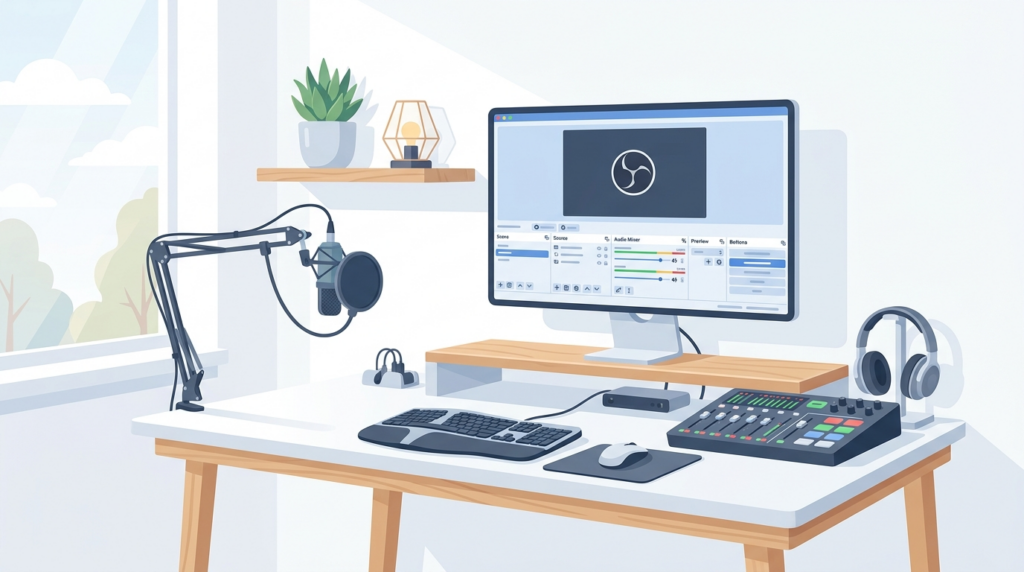 OBS Studio画面で配信設定を表示したコンピュータ