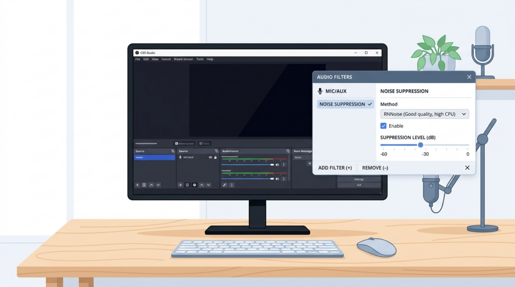 OBS Studioのノイズ抑制フィルタ設定画面