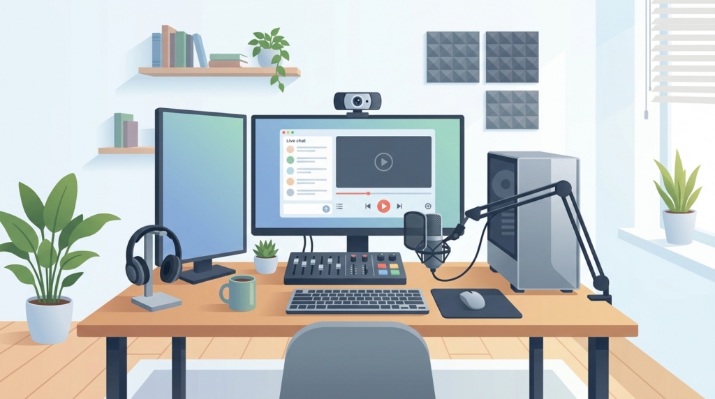 VTuber配信用のWebカメラとマイクを備えたコンピュータセットアップ