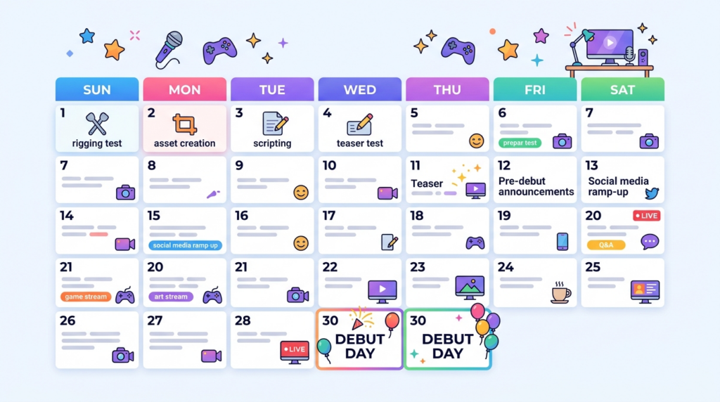 VTuberデビューの30日間の活動計画が記されたカレンダー