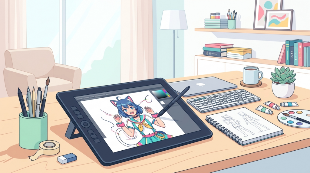 デジタルアニメキャラクターのイラストが表示されたタブレットと描画ツールが置かれたデスク