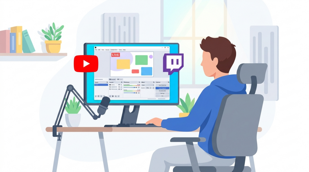 OBS StudioでYouTubeとTwitchの同時配信設定を示すコンピュータ画面